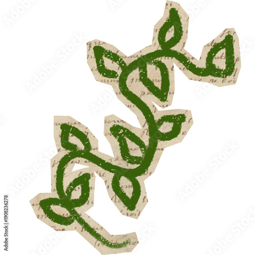 leaves branch with handdrawn crayon botanical on cutout paper for scrapbook