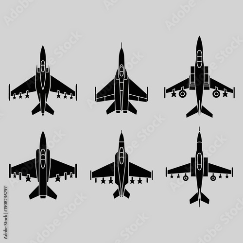 Top View Silhouettes of Six Fighter Jets in Flight