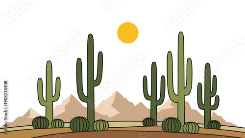 Vibrant desert landscape with saguaro cacti, mountains, and a bright sun.