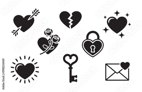 Black heart icons including cupid arrow broken heart floral accents key lock and envelope for valentine theme