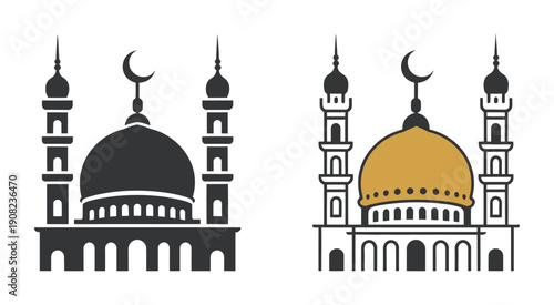 Islamic mosque icon set, religious symbols, domes and minarets illustration