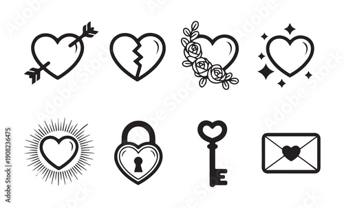 Heart line icons with arrow crack flower vine sparkle sunburst lock heart key and love letter symbols design