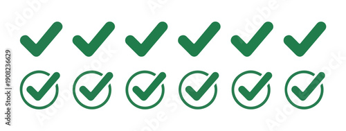 Multiple green check mark icons and checked circles for verification and confirmation purposes isolated white
