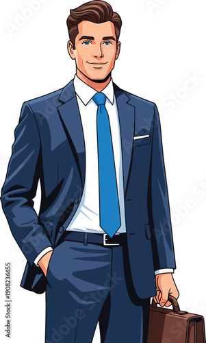 Handsome young businessman in a stylish blue suit and tie holding a briefcase and smiling confidently.