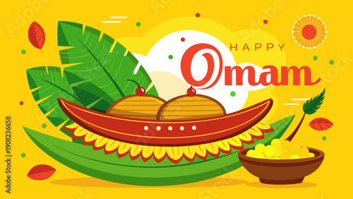 Vibrant illustration of a leaf with the word qman and a spoon of curry Vector