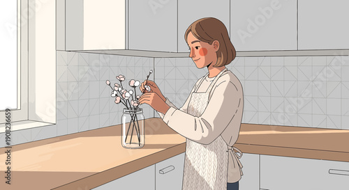 Woman Arranging Cotton Flowers in Kitchen - Minimalist Illustration