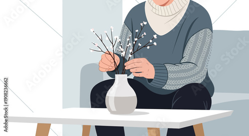 Woman Arranging Delicate Branches in Vase, Cozy Home Decor Illustration