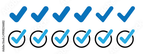 Set of blue check marks icons for web design and apps indicating completion success and positive verification