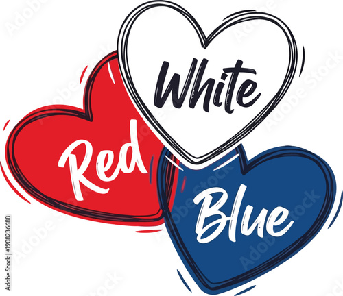 Patriotic Red White Blue Hearts Hand Drawn Illustration