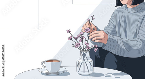 Woman arranging delicate flowers in vase with coffee cup nearby, minimalist aesthetic
