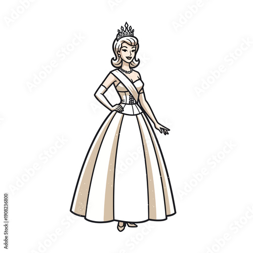 Cartoon Queen Contestant In Ball Gown Wearing Crown And Sash