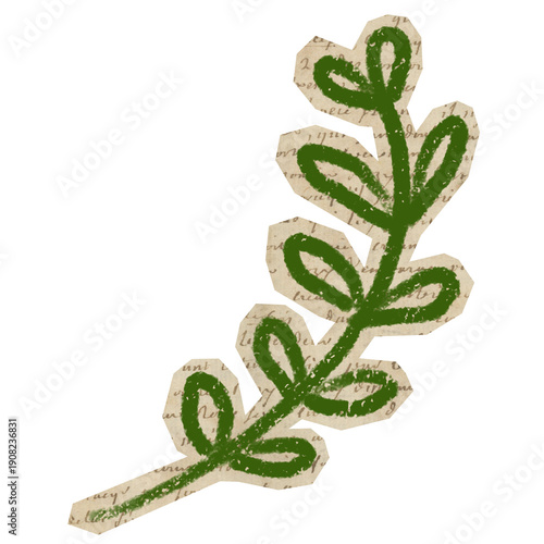 leaf branch with handdrawn crayon botanical on cutout paper for scrapbook