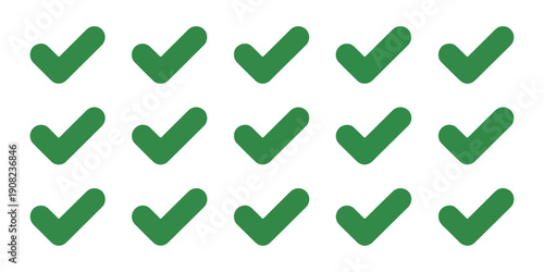 Grid of green check mark symbols representing multiple completed tasks and successful validation steps vector