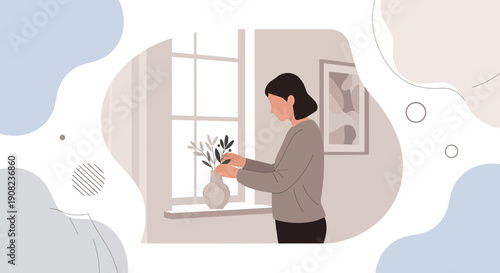 Woman arranging flowers by the window in a minimalist, abstract style