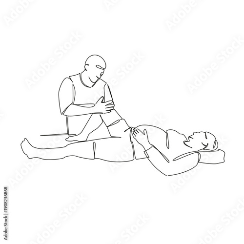One continuous single drawing line art flat doodle efficient, specialist, chiropractor, health care, male, relaxation, pregnant woman. Isolated image hand draw contour on a white background; hand draw