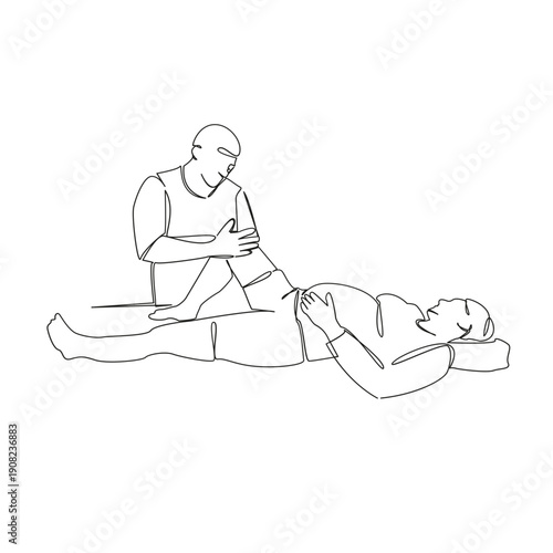One continuous single drawing line art flat doodle efficient, specialist, chiropractor, health care, male, relaxation, pregnant woman. Isolated image hand draw contour on a white background; hand draw