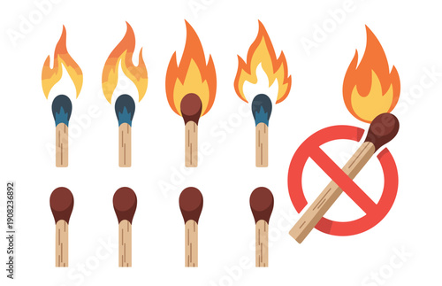 Matchstick collection with burning flames and no fire sign for safety warning and fire prevention concept design