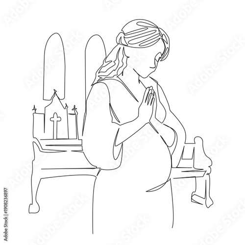One continuous single drawing line art flat doodle woman, faith, catholic, hope, pray, christian, pregnant, prayer, religion, spirituality. Isolated image hand draw contour on a white background; hand