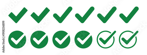 Detailed green check mark icons set for business validation and workflow status tracking on white background