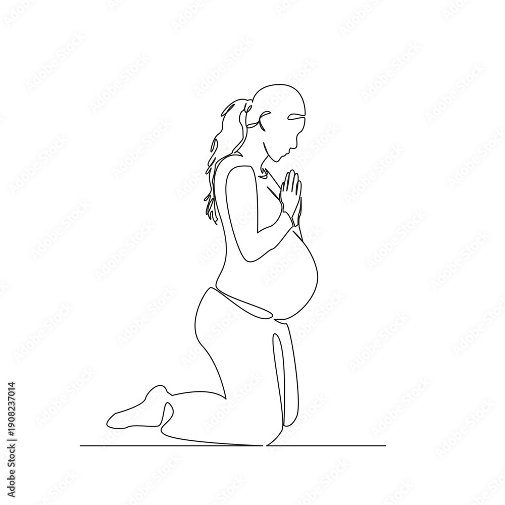 Fototapeta premium One continuous single drawing line art flat doodle woman, pregnant, hand, belly, motherhood, pregnancy, lifestyle, meditation, pray. Isolated image hand draw contour on a white background; hand drawn;