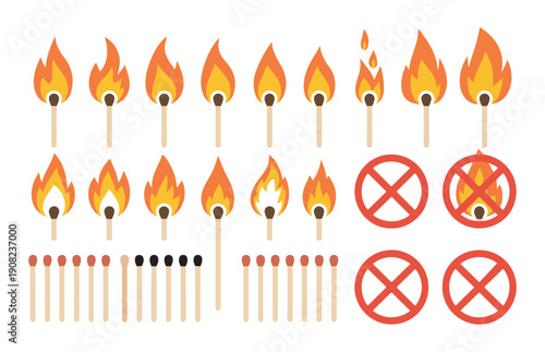 Comprehensive matchstick icon set featuring burning sticks burnt heads and fire prohibition signs vector design