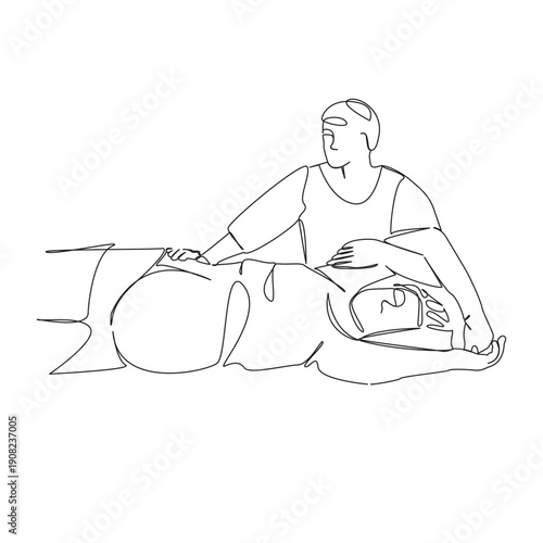 One continuous single drawing line art flat doodle woman, pregnant, massage, therapy, pregnancy, massaging, abdomen, osteopath. Isolated image hand draw contour on a white background; hand drawn; not 