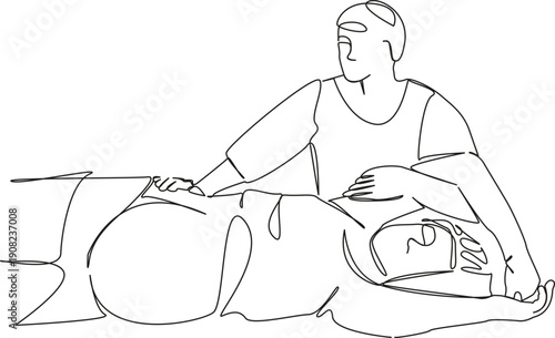 One continuous single drawing line art flat doodle woman, pregnant, massage, therapy, pregnancy, massaging, abdomen, osteopath. Isolated image hand draw contour on a white background; hand drawn; not 