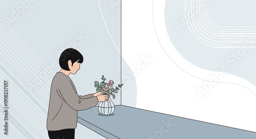 Woman arranging flowers in a vase on a windowsill, minimalist illustration