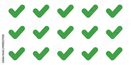 Fifteen green check marks in three rows for data verification and business checklist presentation components