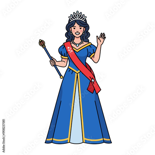 Cartoon Queen Waving Hand Holding Scepter and Wearing Crown and Sash