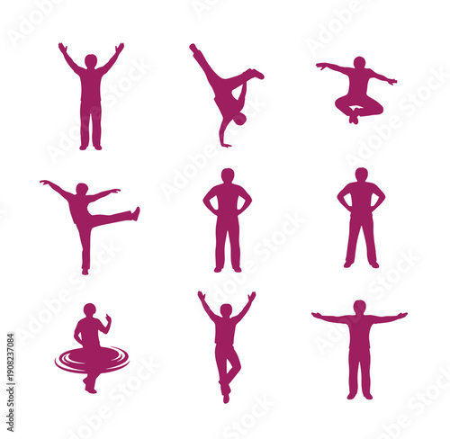 set of purple silhouettes of people in various dance poses and movements on white background