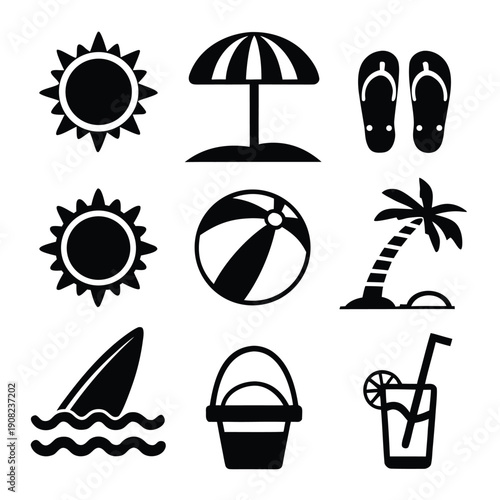 Black and white of beach and summer activities including sun, umbrella, flip flops, beach ball, palm tree, sailboat, beach bag, cocktail