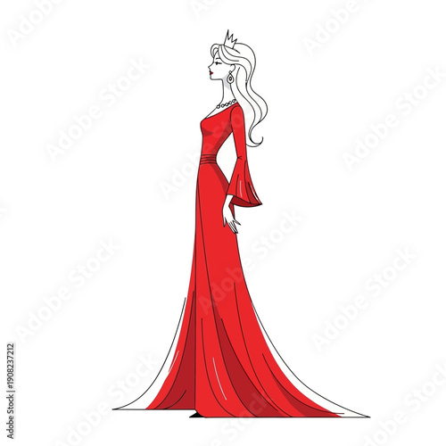 Elegant Princess in Red Gown with Crown, Side Profile Illustration