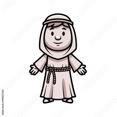 Cute Cartoon Monk Character with Hood and Rope Belt, Isolated on White