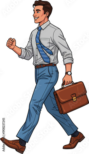 Illustrated young businessman in a blue tie and trousers smiling and walking with a brown briefcase.
