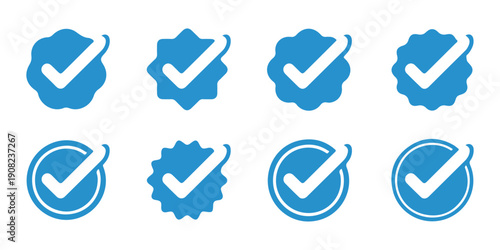 Set of eight blue verified check mark stamps. quality guarantee vector isolated on white background