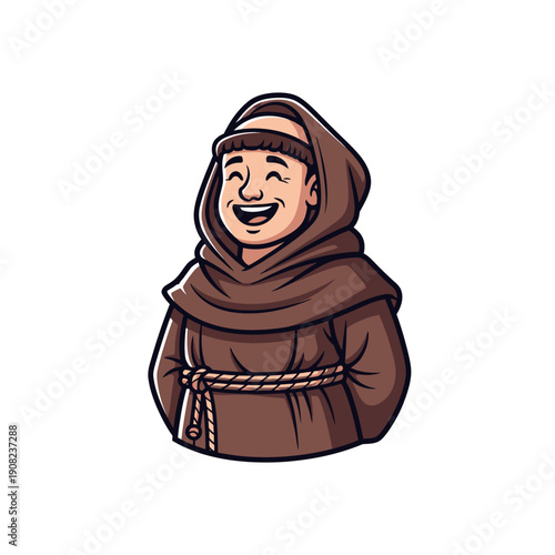 Happy Monk Cartoon Character Smiling, Wearing Brown Habit and Hood