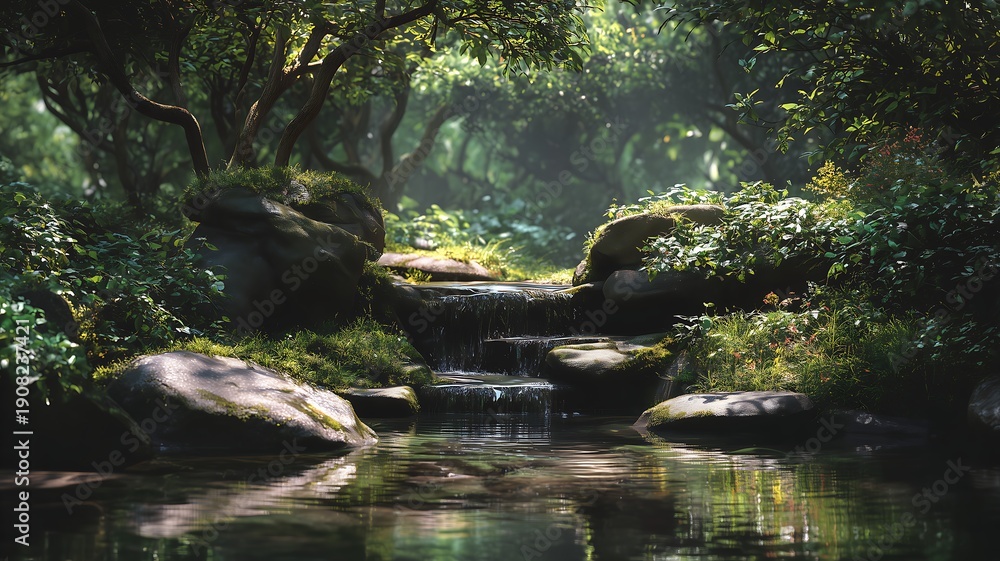 Fototapeta premium Serene forest stream with stepping stones and lush greenery surrounding calm waters