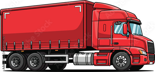 Modern red semitruck with a curtainsided trailer detailed vector illustration.