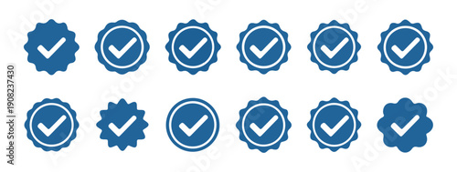 Set of blue verified check mark badges with round and star shapes for social media and app approval icons