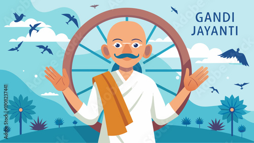 An elderly man with a cane and a bird on his shoulder surrounded by flying birds Vector