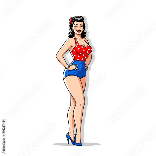 Retro Pin-Up Girl Illustration with Red Polka Dot Swimsuit and Blue Shorts