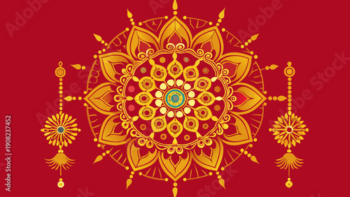 Intricate mandala design with vibrant colors and symmetrical patterns on a red background Vector