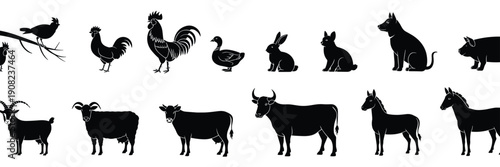 Farm animal silhouettes, vector illustration, barnyard creatures, domestic animals, agriculture design, livestock icons, countryside pets, rural mammals, wildlife graphics