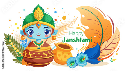 Colorful illustration of a smiling gnome with a green hat and a golden treasure chest Vector