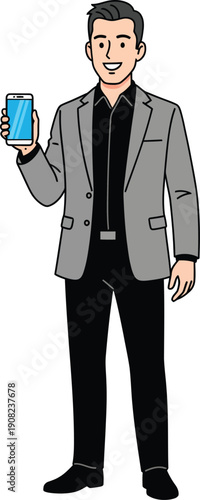 Smiling cartoon businessman in a grey blazer and black shirt holding up a blue smartphone.