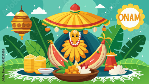 Vibrant illustration of a woman with a basket of fruits under a colorful umbrella Vector