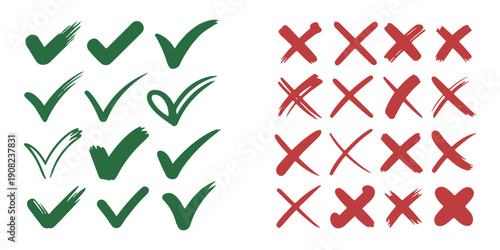 Hand drawn green check marks and red cross symbols with brush stroke texture for organic grunge style art