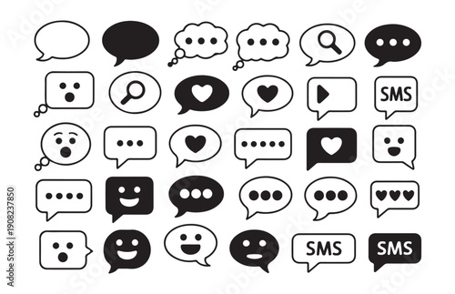 Social media speech bubbles set with various icons including hearts smiles search signs and sms text elements