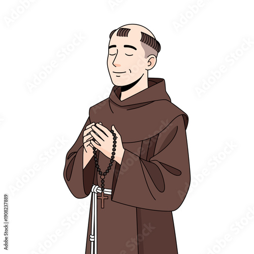 Cartoon Monk Praying with Rosary Beads, Peaceful Meditation, Religious Devotion